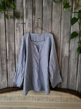 Hester & Orchard Linen Blend Blue White Pinstripe Roll Tab Sleeve Blouse 3X